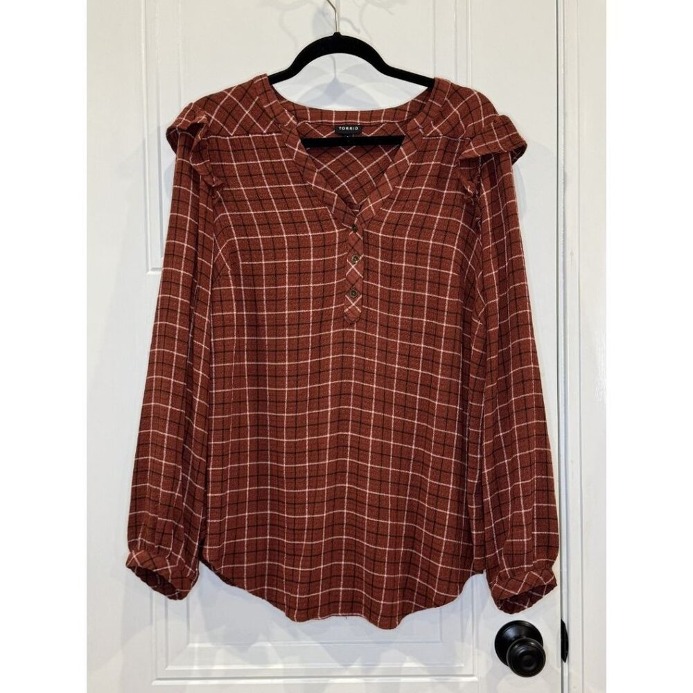 Torrid Brown Plaid Long-Sleeve Ruffle Blouse 1xl Crinkle Gauze Style EUC - Picture 1 of 9